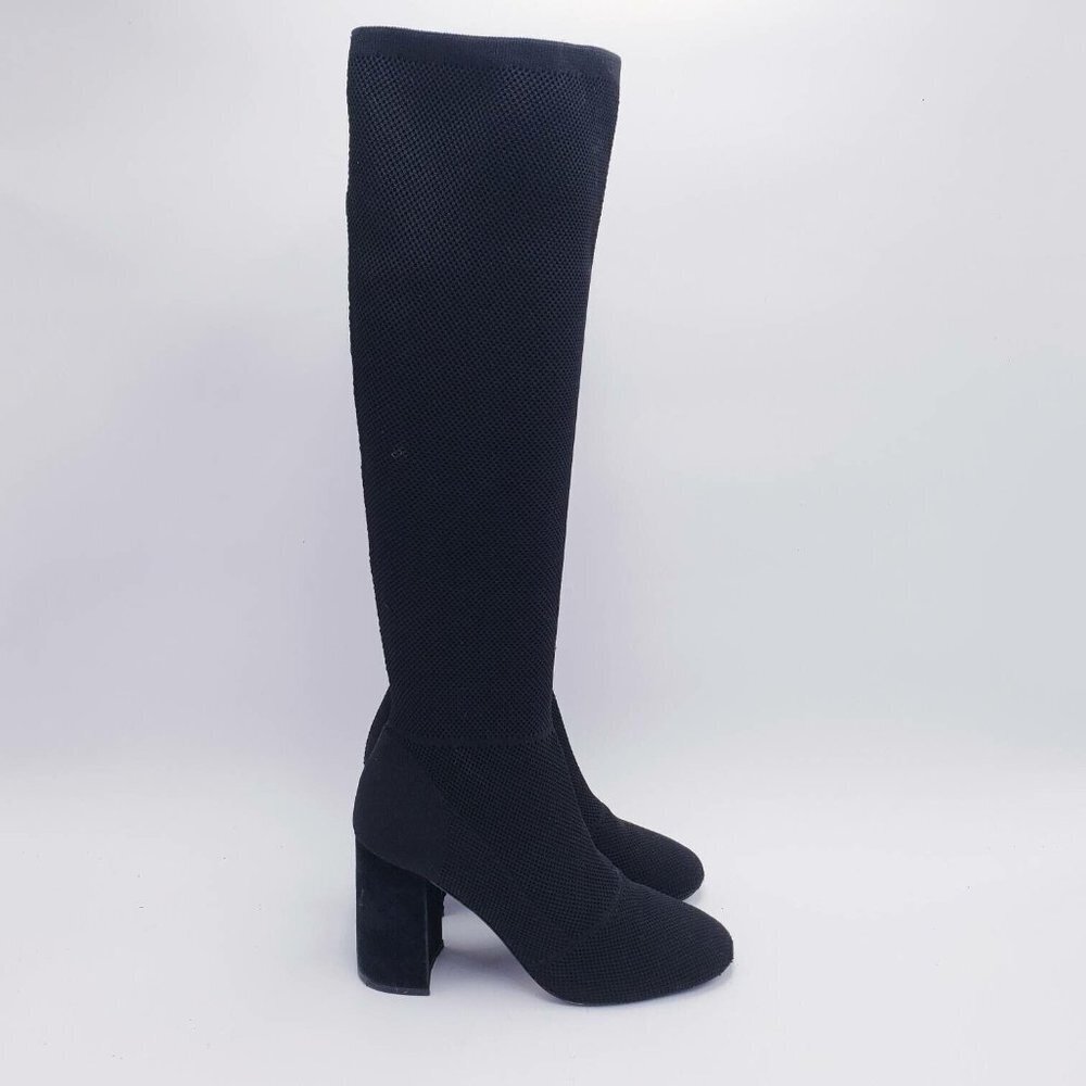 Joie Women's 8 Black Tall Knee High Knit Boot Chunky Block Heel Square Toe